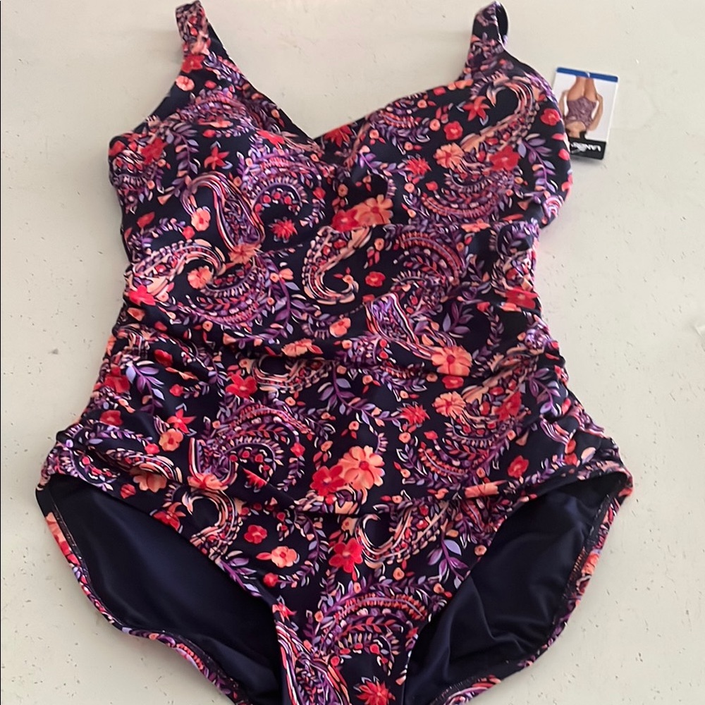 Lands' End Floral Paisley One Piece Swimsuit - Red and Purple